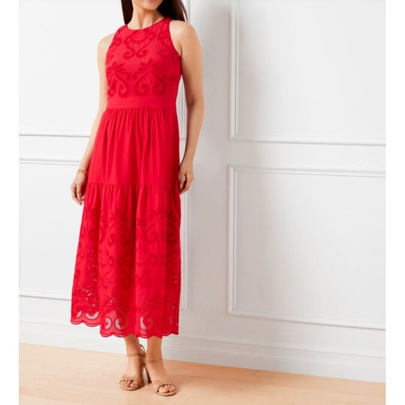 Talbots Halter Maxi Dress Voile Netting Red Eyelet Embroidered Sleeveless Size 8 - Picture 1 of 7